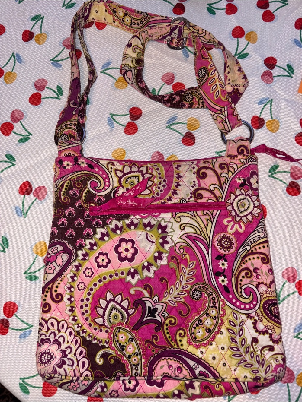 Vera Bradley Pink Paisley Quilted Crossbody with Green Accents